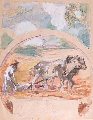 ESCUELA ESPA&Ntilde;OLA, S. XIX - Campesino arando. Inscripci&oacute;n en la parte inferior: "Manila 99". 