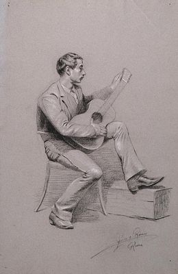 JOS&Eacute; GARC&Iacute;A RAMOS (Sevilla, 1852 - 1912) - Afinando la guitarra. Firmado en el &aacute;ngulo inferior 