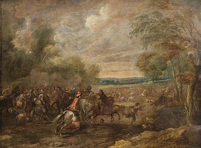 ESCUELA FLAMENCA, S. XVII - Escena de batalla. Presenta marco holand&eacute;s en madera tallada y rizada. 