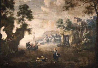 ESCUELA ITALIANA S. XVII - Jes&uacute;s camina sobre el agua y salva a San Pedro. Medidas: 80 x 
