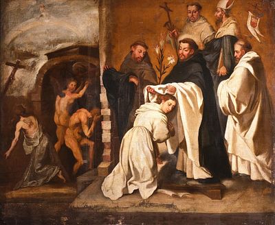 ESCUELA ESPA&Ntilde;OLA S. XVII - El obispo Hugo toma el h&aacute;bito de cartujo. Medidas: 140 x 170 cm 