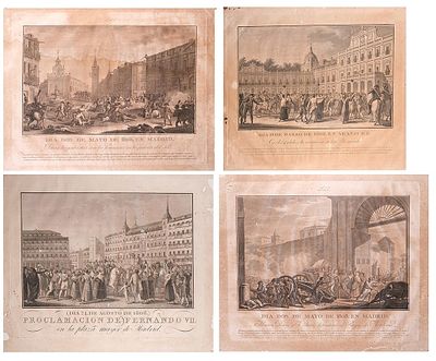 ESCUELA ESPA&Ntilde;OLA, S. XIX - Lote compuesto por cuatro grabados sobre la historia de Madrid de 