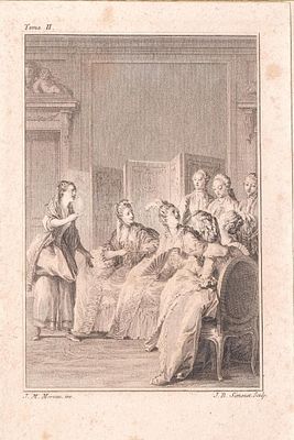 ESCUELA FRANCESA, Fns. S. XVIII - Escena de interior con personajes. Grabado por Jean-Baptiste 