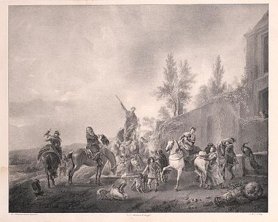 ESCUELA ESPA&Ntilde;OLA, S. XIX - Parada de cazadores en una fuente. Litograf&iacute;a de J. Jorro que reproduce 