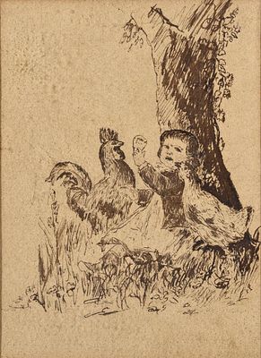 ESCUELA EUROPEA, S. XIX - NI&ntilde;o jugando con gallos. Medidas: 10 x 7 cm Tipo de objeto: 