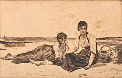 ESCUELA EUROPEA, S. XIX - J&oacute;venes en la playa. Firmado "Delobe". Seg&uacute;n composici&oacute;n original 