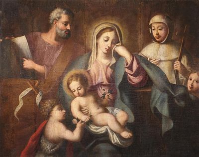 ESCUELA ESPA&Ntilde;OLA S. XVII - Virgen con el Ni&ntilde;o Jes&uacute;s, San Juanito y otros santos. Medi 