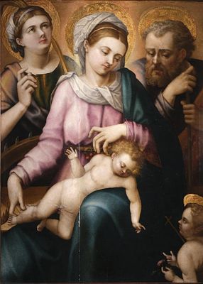 GIROLAMO GENGA (Urbino, 1476 - La Valle, 1551) - Sagrada Familia con San Juanito y Santa Catalina 