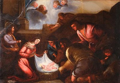 ESCUELA ESPA&Ntilde;OLA O ITALIANA, S. XVII - Adoraci&oacute;n de los pastores. Desperfectos y 