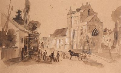 ESCUELA EUROPEA, S. XIX - Vista urbana con iglesia, carruajes y personajes. Medidas: 16,5 x 26,5 