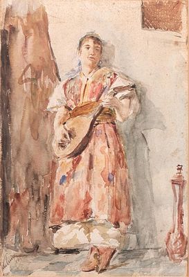 ESCUELA SEVILLANA, Fns. S. XIX - Joven tocando el la&uacute;d. Firmado y fechado en Sevilla en 1889 