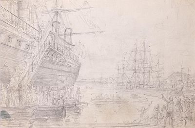LUIS MURIEL Y L&Oacute;PEZ (Madrid, h. 1855 - 1919) - Boceto de desembarco naval. Medidas: 17,5 x 27 cm 