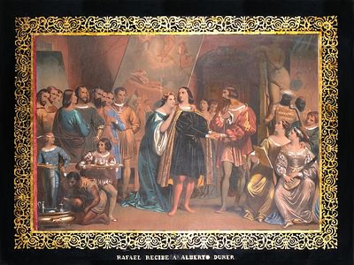 ESCUELA FRANCESA, S. XIX - Rafael recibe la visita de Durer. Titulada en la parte inferior. 