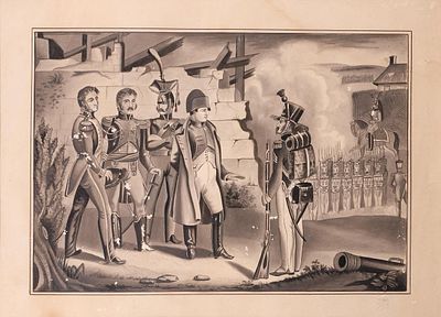 ESCUELA FRANCESA, S. XIX - Napole&oacute;n con sus tropas. Desperfectos. Medidas: 26,5 x 35 cm 