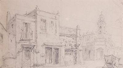 LUIS MURIEL Y L&Oacute;PEZ (Madrid, h. 1855 - 1919) - Boceto de una calle. Medidas: 12 x 22 cm Tipo de 