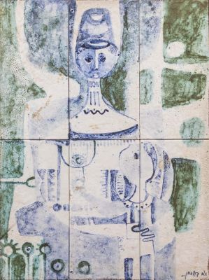 חוה צ. קאופמן (נ. 1929). חוה צ. קאופמן, אם וילד, ציור על אריחי קרמיקה. מידות: 23X31 ס"מ. חתום.