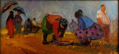אבי שוורץ (נ. 1938), דמויות בשוק, שמן על מזוניט, 23X48 ס"מ, חתום.