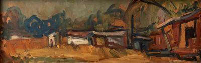 אבי שוורץ (נ. 1938), עיירה, שמן על מזוניט, 46X15.5 ס"מ, חתום.