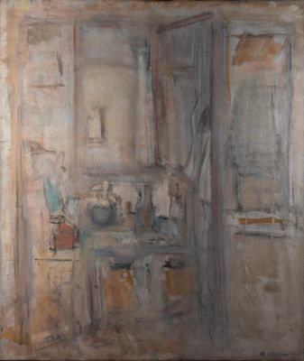 אורי שטטנר (1999 - 1935), פנים חדר, שמן על בד, 60X70 ס"מ, חתום.