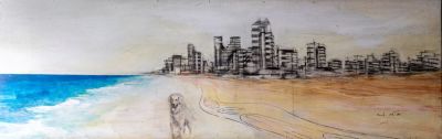 אילן איטח (נ.1975), כלב בחוף תל-אביב, 2006, שמן על לוח, 40X126.5 ס"מ, חתום ומתוארך.