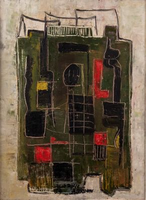 איקה בראון (1937-1964), "מבנה", 1957, שמן על בד, 40X30 ס"מ, חתום, מתואר ומתוארך.
