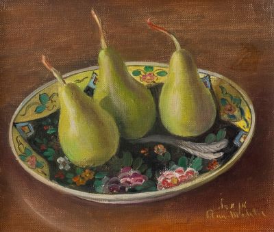 אן מדלי (1896-1991), אגסים, שמן על בד, 22X19 ס"מ, חתום.
