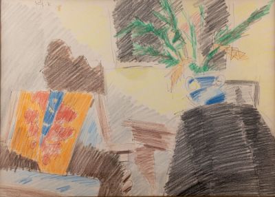 אריה לובין (1897-1980), פנים חדר, עפרונות צבעוניים על נייר. 46X32.5 ס"מ, חתום. מצב טוב. כתם קל 