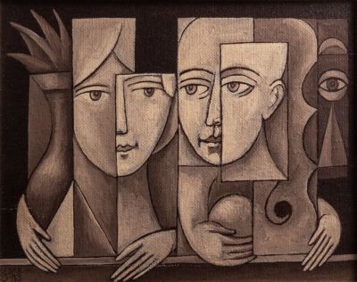 דן קדר (1929-2008), דמויות סוריאליסטיות, שמן על בד צרפתי. 25X21 ס"מ, חתום.