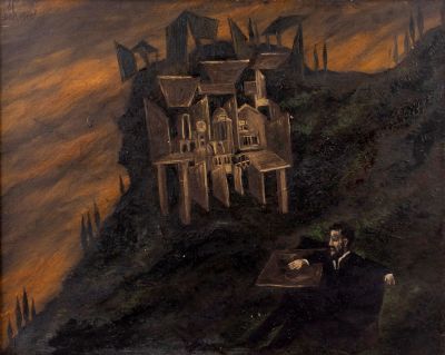 דן קדר (1929-2008), הרצל מול מבנה סוריאליסטי, 1967, שמן על בד, 41X33 ס"מ, חתום ומתוארך.