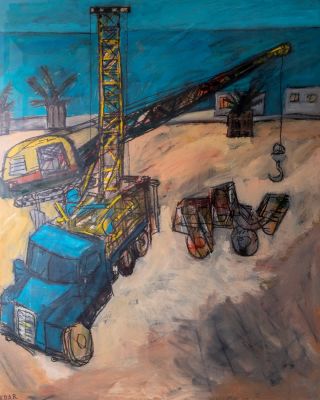 דן קדר (1929-2008), אתר בניה מול הים, פסטל וגואש על קרטון 100X123 ס"מ, חתום.