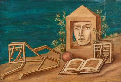 דן קדר (1929-2008), סוריאליזם, 1977, שמן על עץ, 30X20.5 ס"מ, חתום ומתוארך.