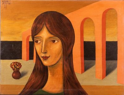 דן קדר (1929-2008),אישה וגשר, 1980, שמן על בד, 35X27 ס"מ, חתום ומתוארך.