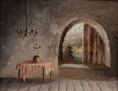 Henry Dentith (b. 1931). הנרי דנטיט (נ. 1931), מבט מהחלון על צפת, 1978, שמן על בד, 25X19.5 ס"מ, חתום.