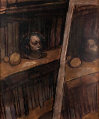 יאן ראוכוורגר (נ. 1942), השתקפות, 1975, פסטל על נייר. 48X57 ס"מ, חתום ומתוארך. מצב טוב, פגמים 