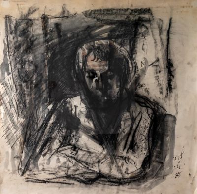 יחזקאל שטרייכמן (1906-1993), דיוקן האספן רמי כהן, 1985, פחם וצבעי מים על נייר. 80X78 ס"מ, חתום 