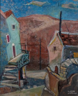 יעקב איזנשר (1896-1980), סמטה בצפת, שמן על בד, 46X38 ס"מ, חתום.
