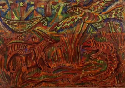 מיכאיל גרובמן (נ. 1939), ציפור וספינת המוות (птица и корабль смерти), 1968, צבעי מים על נייר. 