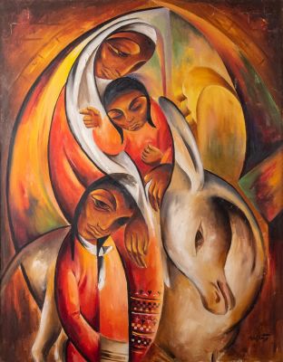 משה (מטוס) מטוסובסקי (1908-1958), משפחה וחמור, שמן על בד, 56X72 ס"מ, חתום.