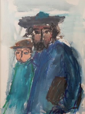 משה ברנשטיין (1920-2006), לוט שני ציורים בצבעי מים וליטוגרפיה, דמויות יהודיות 