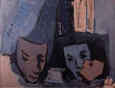 משה מוקדי (1902-1975), מסכות, שמן על לוח, 60X48 ס"מ, חתום.