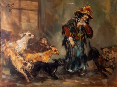 משה צ'אוסקי (1935-2014), אשת הכלבים, שמן על בד, 75X100 ס"מ, חתום. קילופי צבע בחלק העליון.