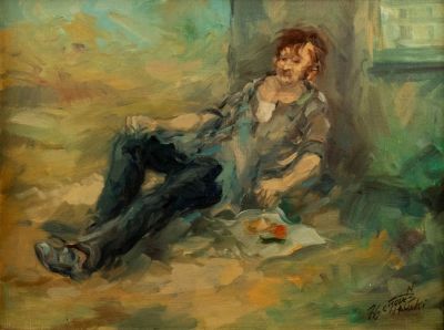 משה צ'אוסקי (1935-2014), קבצן, 1976, שמן על בד צרפתי, 30X23 ס"מ, חתום.