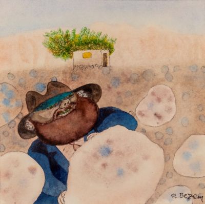 נפתלי בזם (1924-2018), חקלאי בשדה, צבעי מים על נייר, 18X18 ס"מ, חתום.