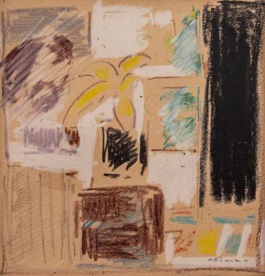 פימה (אפרים רויטנברג; 1916-2005), פנים חדר, פסטל על נייר. 19X18 ס"מ, חתום.