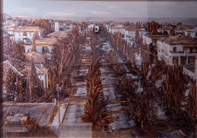 רוני סתר (נ.1946), "שדרות רוטשילד" (תחילת המאה ה-20 עפ"י צילום של סוסקין) רישום בחריטה על שקף 