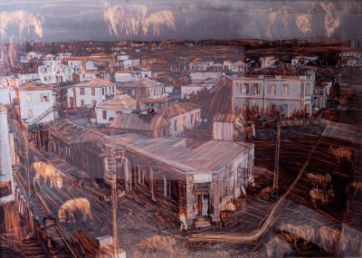 רוני סתר (נ.1946), "שינקין פינת המלך ג'ורג'" (תחילת המאה ה-20 עפ"י צילום של סוסקין) רישום 