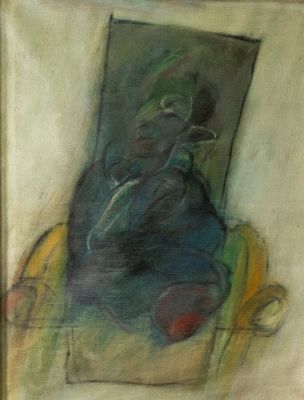 שאול שץ (נ. 1944), דמות, 1968, שמן על בד. אינו חתום. מתואר ומתוארך בגב (על גבי פיסת נייר) 