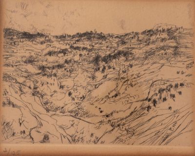 אנה טיכו (1894-1980), נוף, תחריט, 14X10.5 ס"מ, חתום וממוספר 2/125.