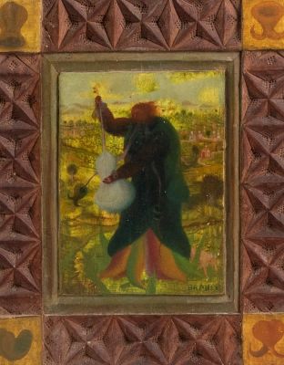 אריך בראואר (Erich BRAUER 1929-2021), דוד מנגן ברקע העיר ירושלים, שמן על עץ, 1967, נתון במסגרת 