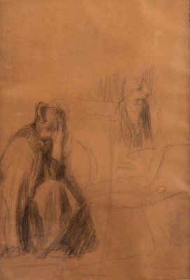 ארתור מרקוביץ' (1872-1934), דמויות, 1916, עפרון על נייר, 17x24 ס"מ. חתום, מתוארך ומתואר Krakow.